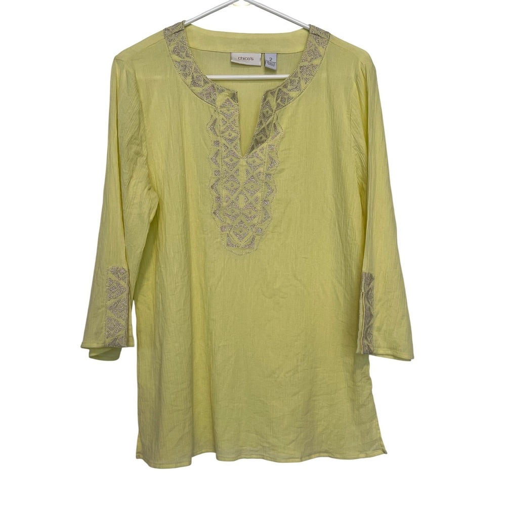 Chico's‎ Women 2 Large Tunic Top Yellow Embroidered Cotton 3/4 Sleeve Coastal